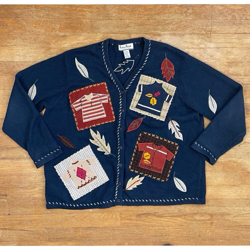 Vintage Fall Cardigan Sweater Button Front Navy Blue Ramie Cotton Leaf Size 2X
